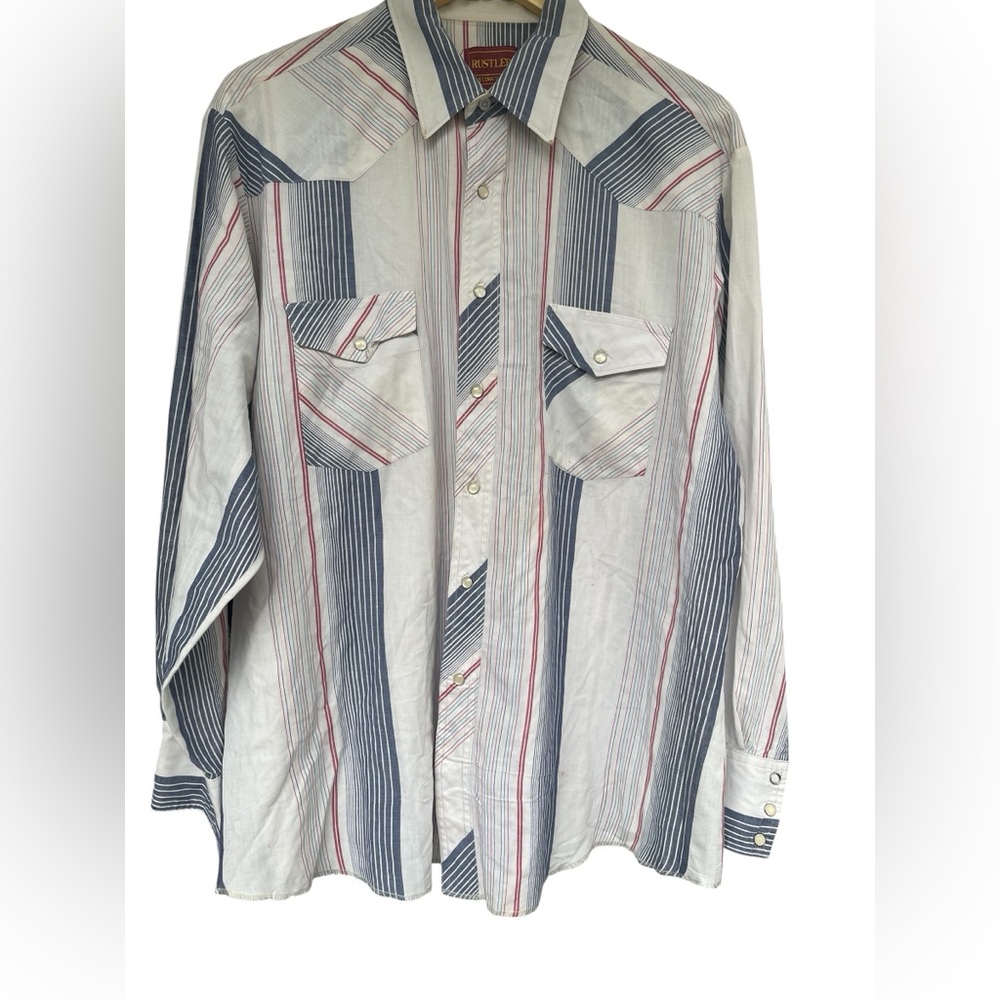 Vintage Rustler size L Men’s Blue,Red & White Pearl Button Western shirt *Flaw